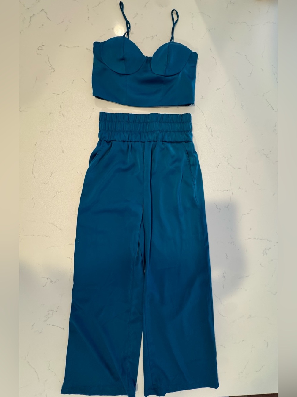 Women’s Teal Two-Piece Bustier Crop Top + High-Waist Wide Leg Pants Set MEDIUM